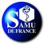 Logo du SAMU de France avec un symbole médical sur fond bleu.